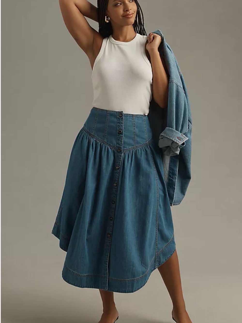 Pilcro Basque waist denim midi skirt